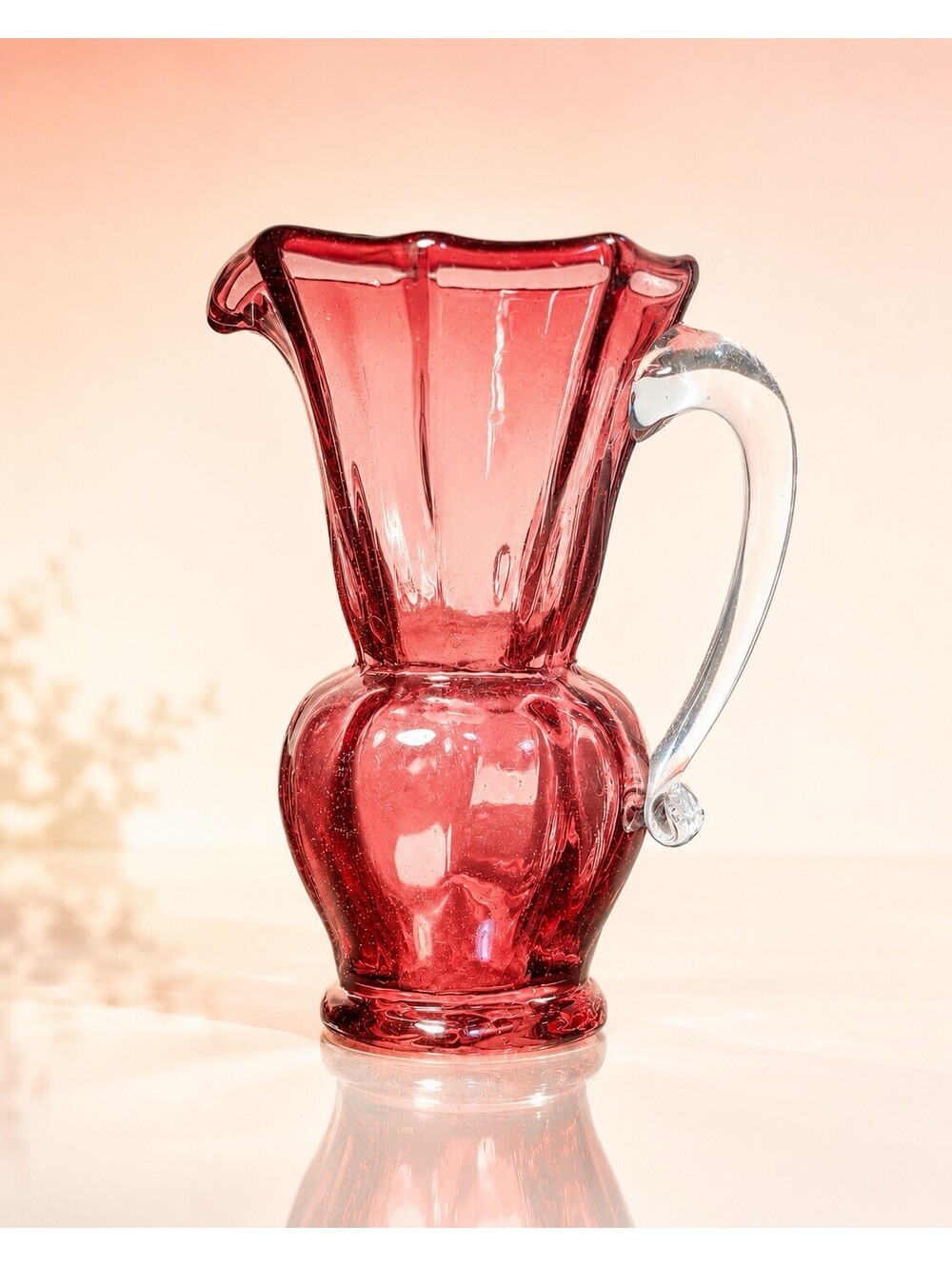 Pilgrim Glass 1970s Pitcher Hand-Blown Cranberry Glass Clear Handle, 3x5.5”